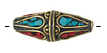 Nepalese Brass Rice Bead w/ Coral & Turquoise Mosaic Petals 35-38x14-15mm
