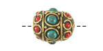 Nepalese Brass Circles w/ Turquoise & Coral Dots Rice Bead 19-22x18-22mm