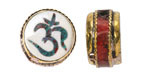 Nepalese Brass w/ Turquoise & Coral Mosaic Om in White Shell w/ Coral Band Coin Bead 19-20mm