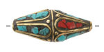 Nepalese Brass Rice Bead w/ Coral & Turquoise Mosaic Petals 35-38x14-15mm
