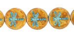 Czech Glass Bisque Picasso w/ Metallic Turquoise Dragonfly Coin 17mm
