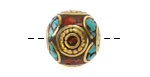 Nepalese Brass w/ Coral & Turquoise in Half Circles w/ Circle of Dots Round 17-18mm