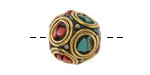 Nepalese Brass Coral & Turquoise Mosaic in Concentric Circles Round 10-11mm