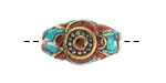 Nepalese Brass Rice Bead w/ Coral & Turquoise Mosaic 25x14mm