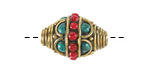 Nepalese Brass Rings & Arches w/ Coral Band & Turquoise Dots Rice Bead 23-25x16mm