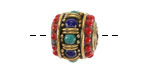 Nepalese Brass Turquoise, Lapis & Small Coral Dots Large Barrel Bead 15x17mm