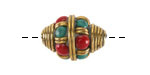 Nepalese Brass w/ Turquoise & Coral Dots Bulbous Rice Bead 20x15mm